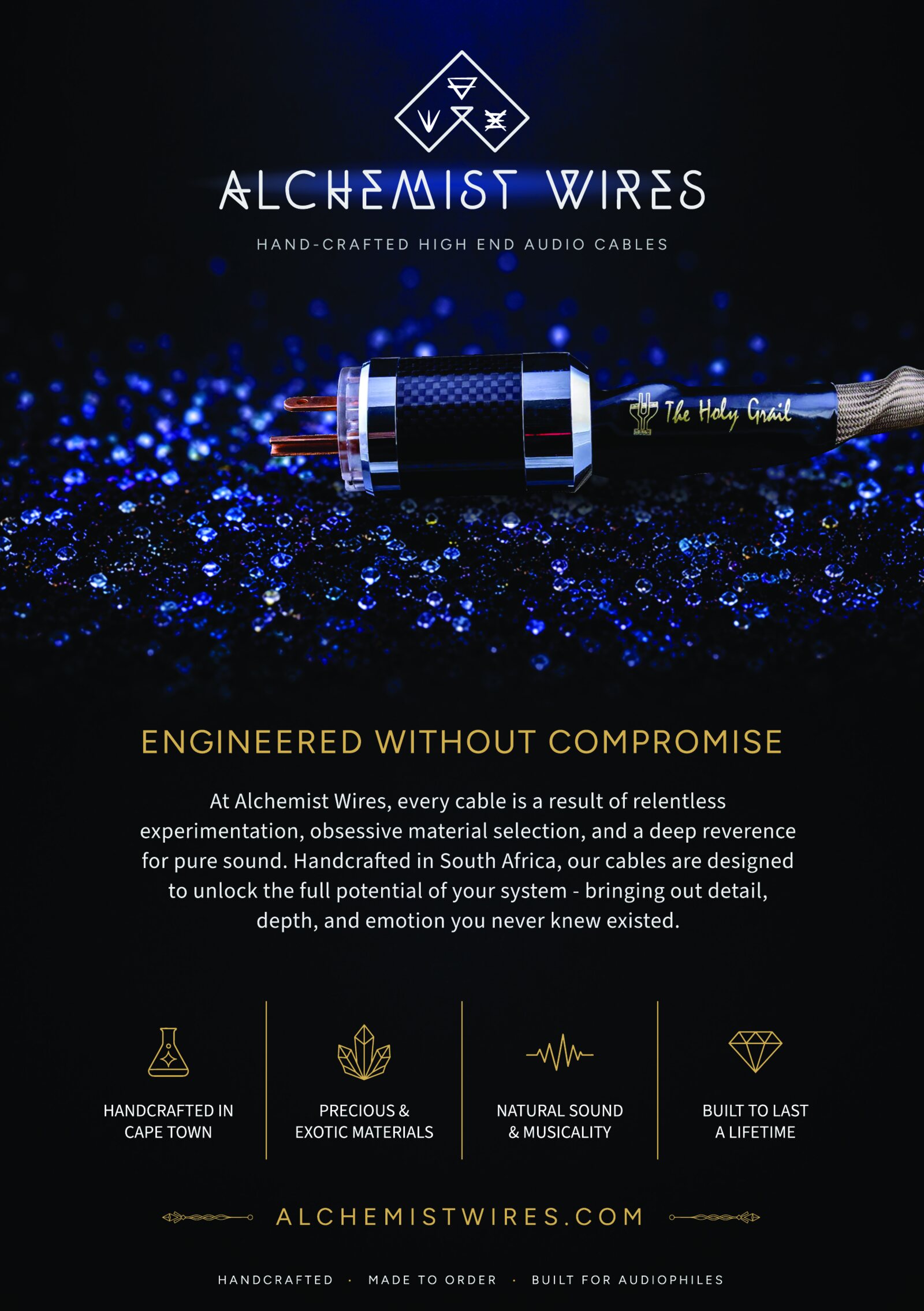 Alchemist Wires A5 brochure: dark field, gold type, and a Holy Grail cable photographed on crystals
