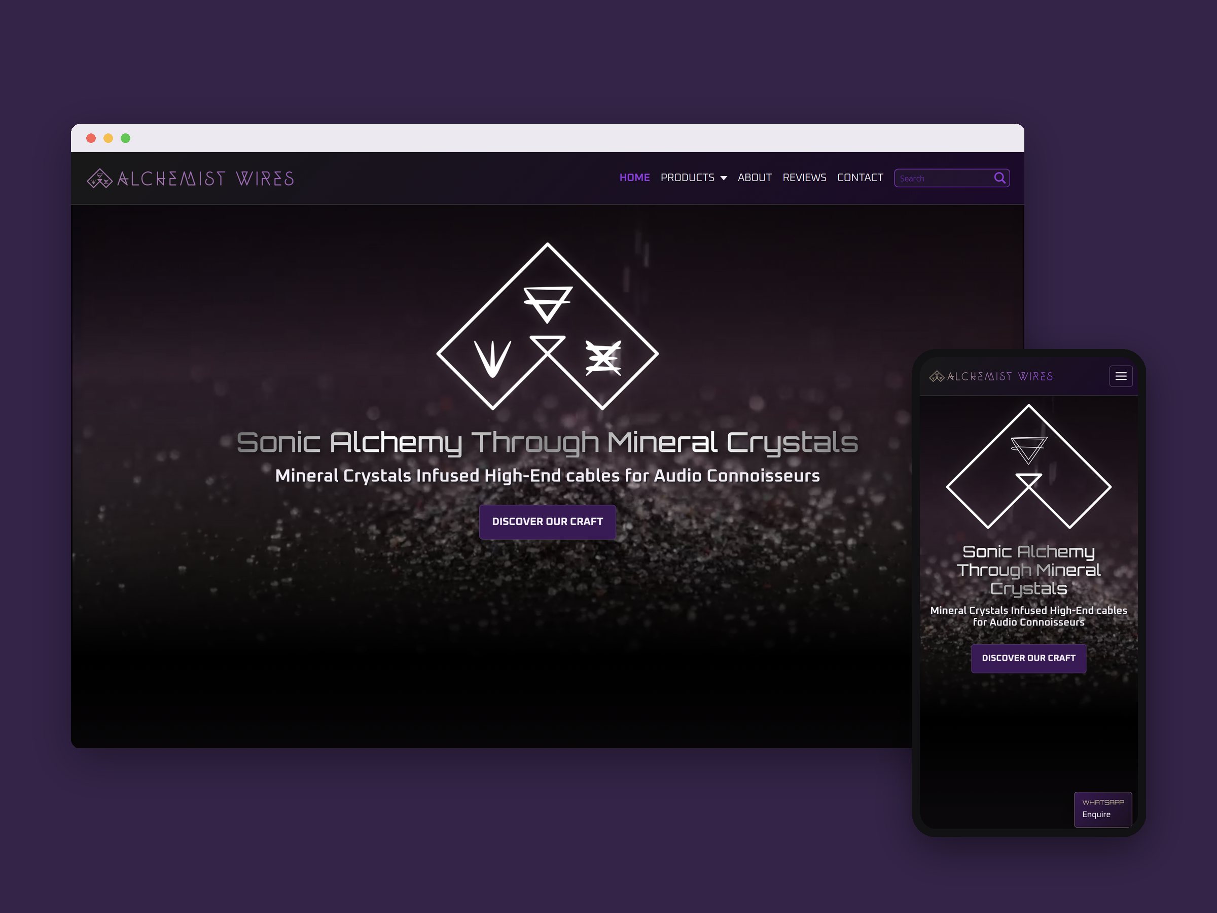 Alchemist Wires website on a desktop browser and a phone: the crystal logo over a dark sparkling field