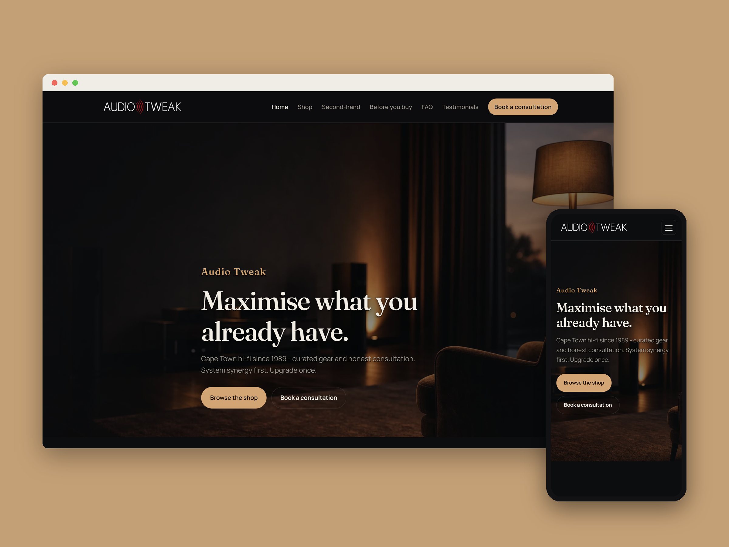 Audio Tweak website on a desktop browser and a phone: Maximise what you already have, over a dim listening room
