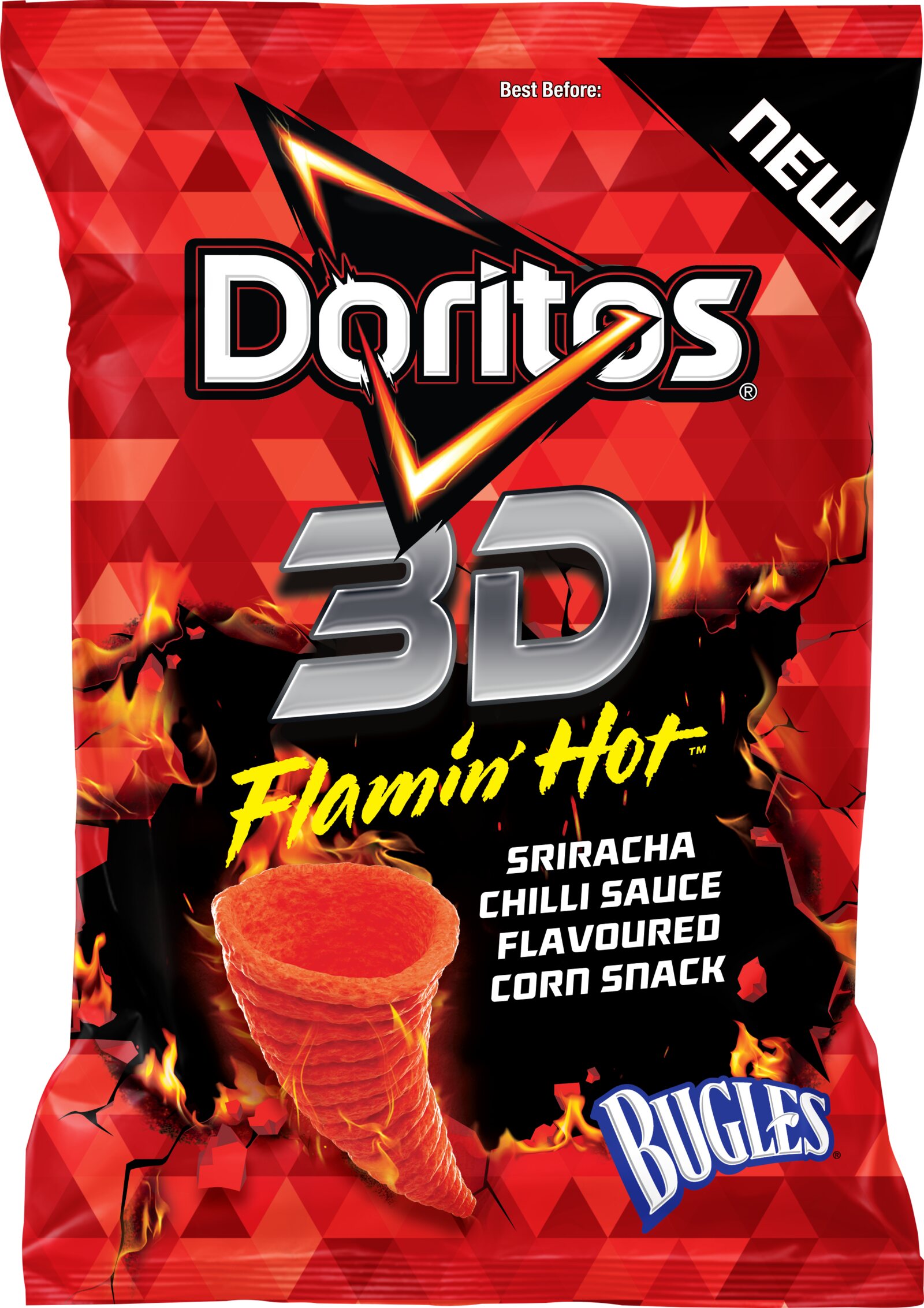 Doritos 3D Flamin' Hot Bugles pack render on a plain background