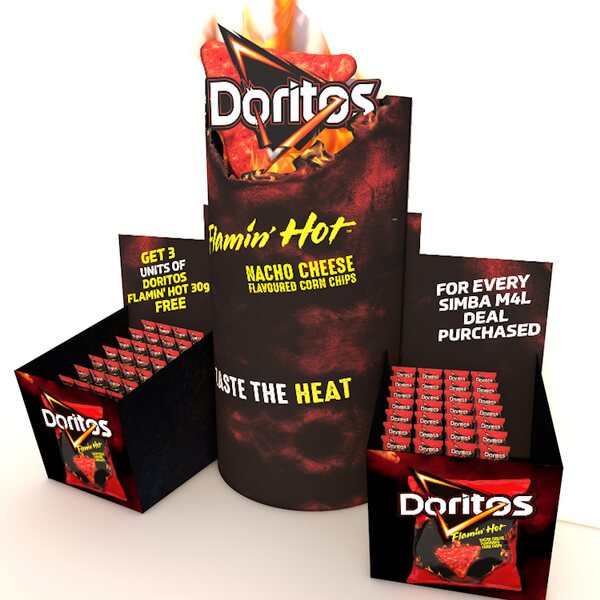 Doritos Flamin' Hot retail floor display render with a cylindrical fire-textured tower and two stacked pack bins