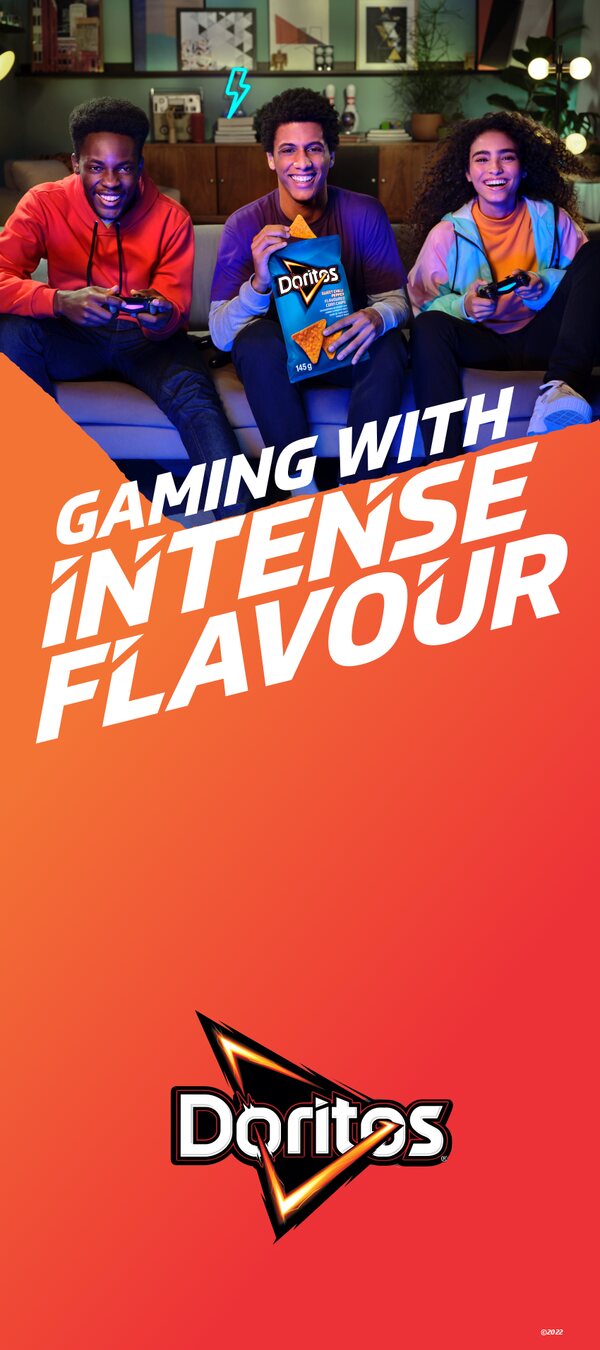 Tall Doritos Gaming banner artwork with the Doritos triangle mark and the line gaming with intense flavour