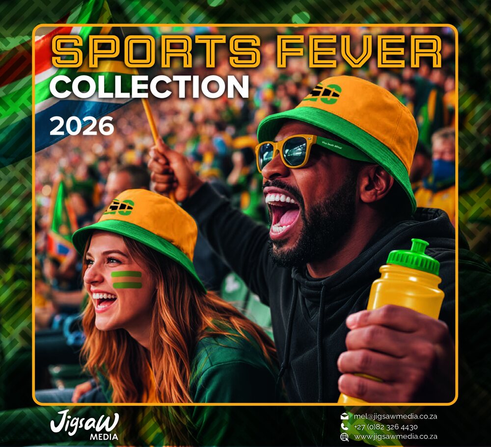 Jigsaw Media Sports Fever 2026 catalogue cover with two South African supporters in branded bucket hats