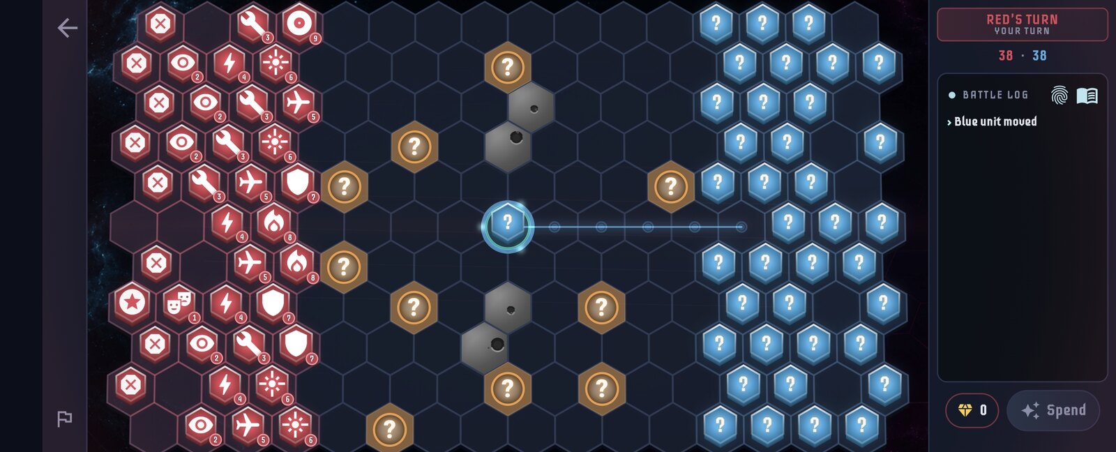 Lattice Tactics Hidden Fleet match in play: a hex grid with red fleet icons on the left and hidden blue units on the right