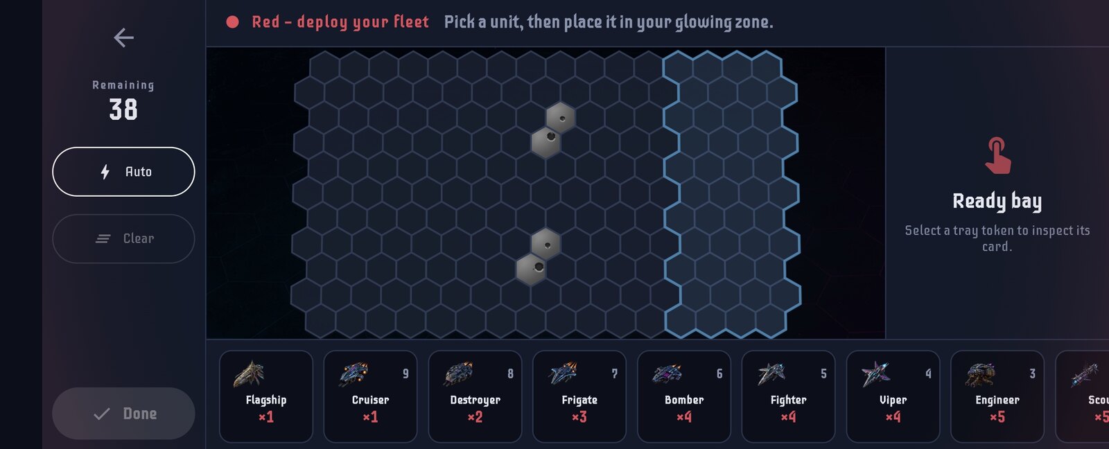 Deployment screen: place units in the glowing zone on a hex grid, with a ship tray along the bottom