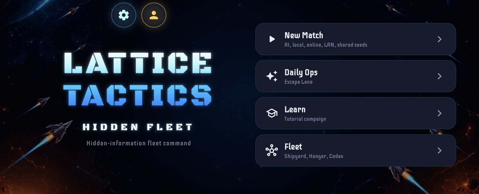 Lattice Tactics main menu: New Match, Daily Ops, Learn, and Fleet