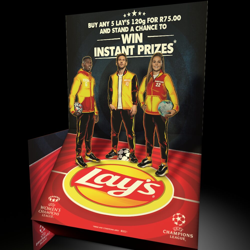 Lay's UEFA Champions League retail game stand render showing three football players above a Lay's pitch graphic