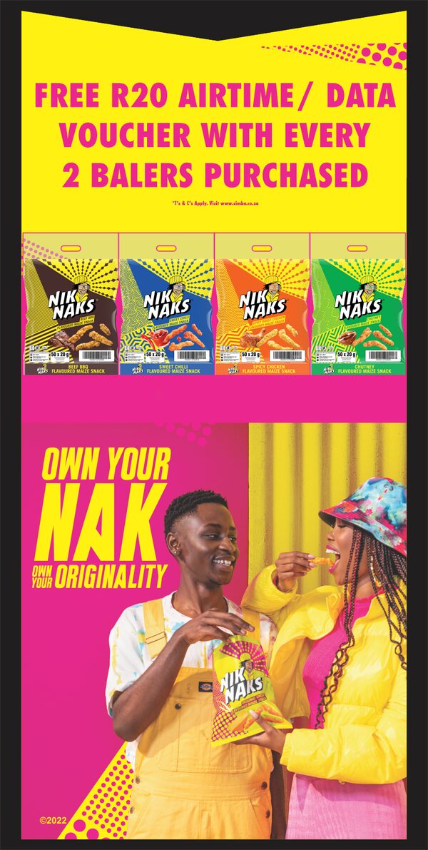 Nik Naks Own Your Nak wholesale standee artwork with an airtime offer, four flavour packs and campaign photography