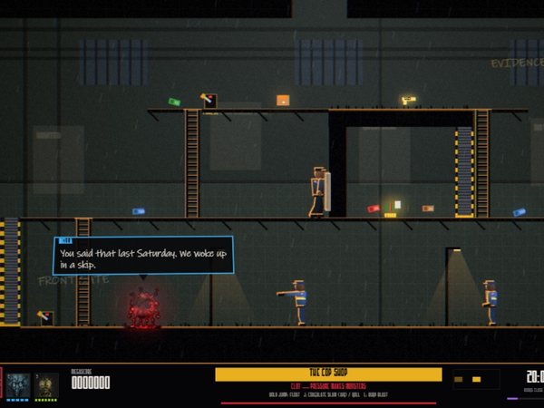 CMT: Clot, a red creature, in a rainy police station level with a speech bubble