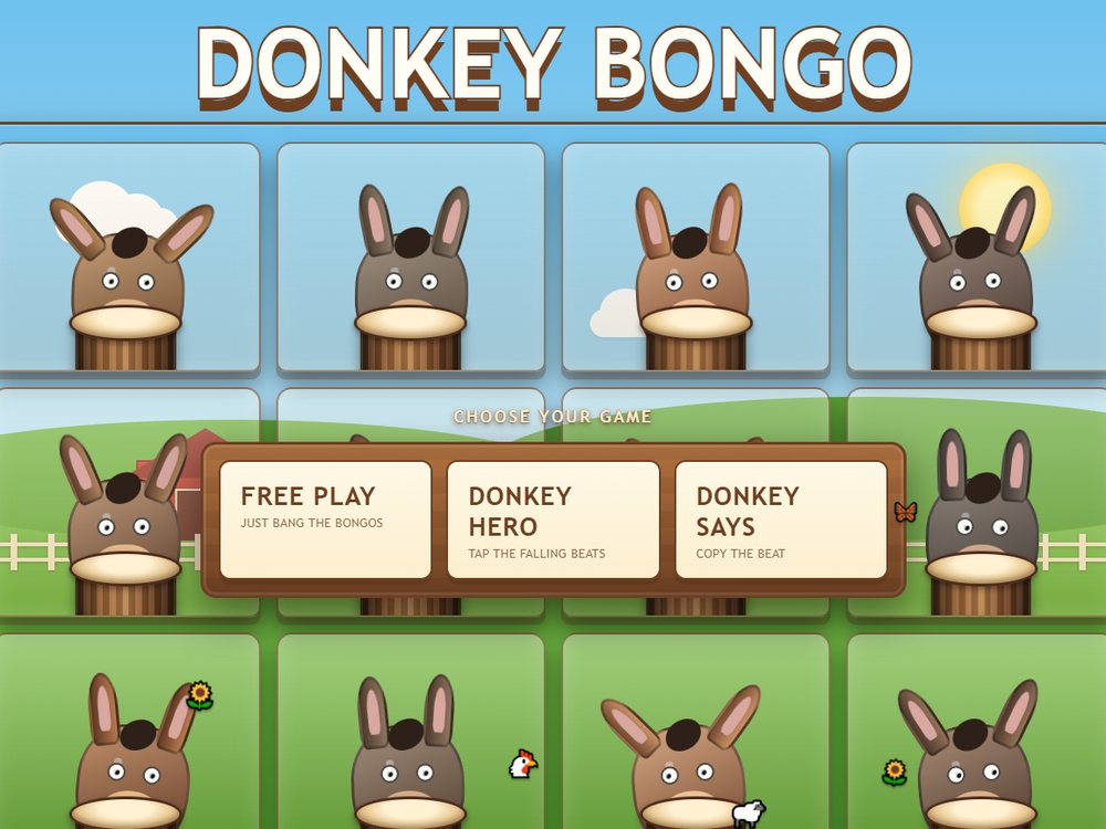 Donkey Bongo: a grid of cartoon donkeys with bongo drums and a game menu