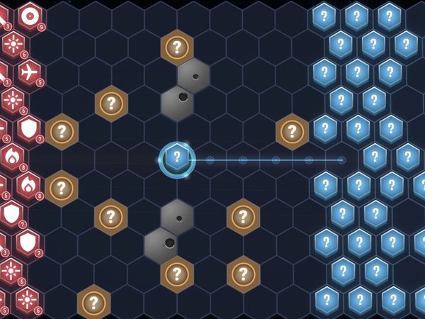 Lattice Tactics: red and blue fleets facing each other across a hex grid of hidden pieces