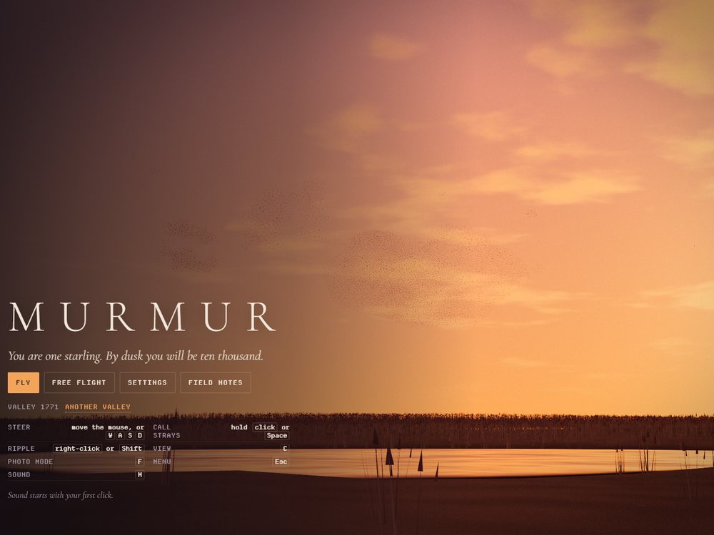 Murmur title screen: a starling murmuration over a marsh at sunset