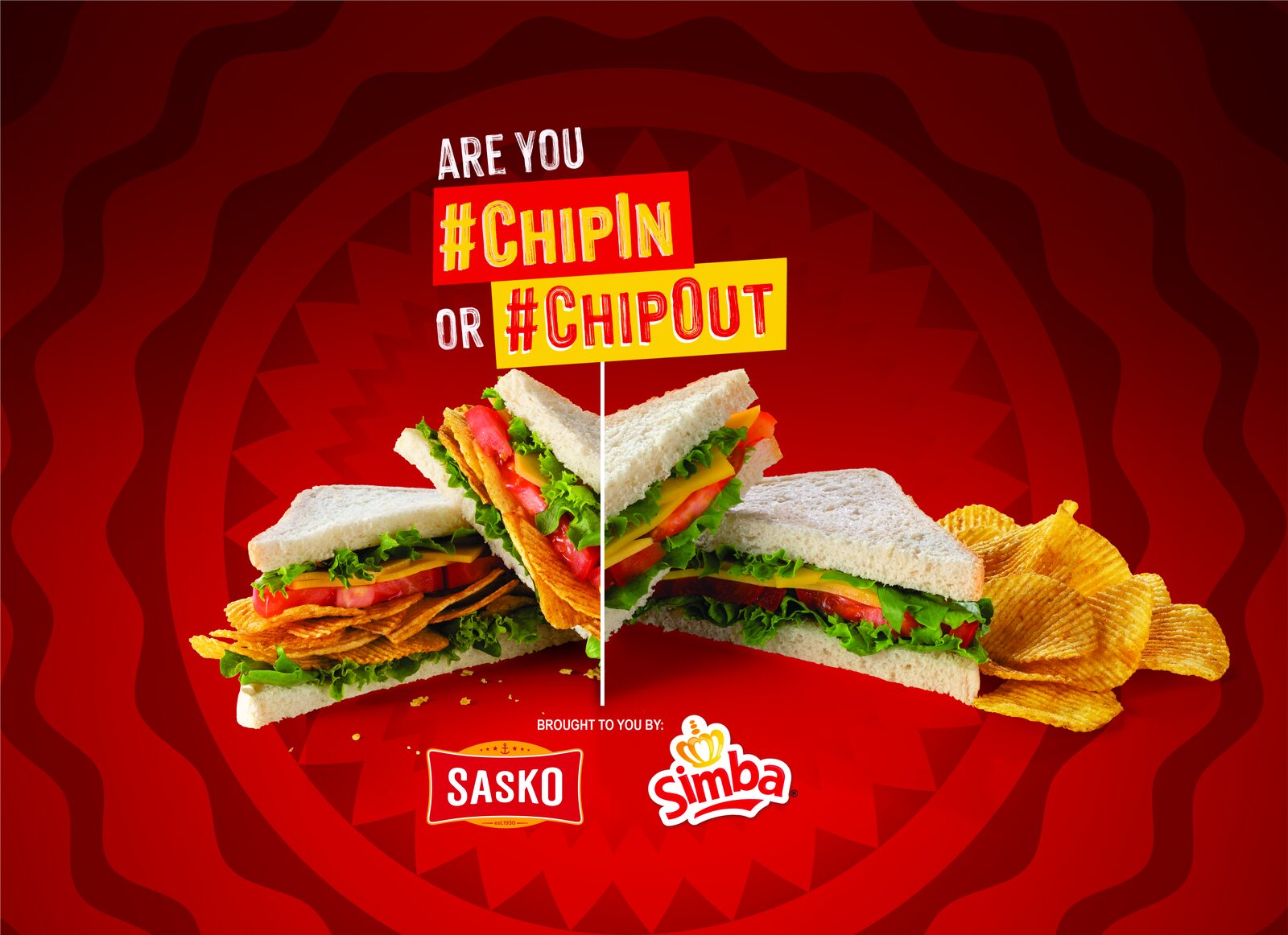 Sasko and Simba #ChipIn campaign key visual: a sandwich split down the middle, one half with chips inside