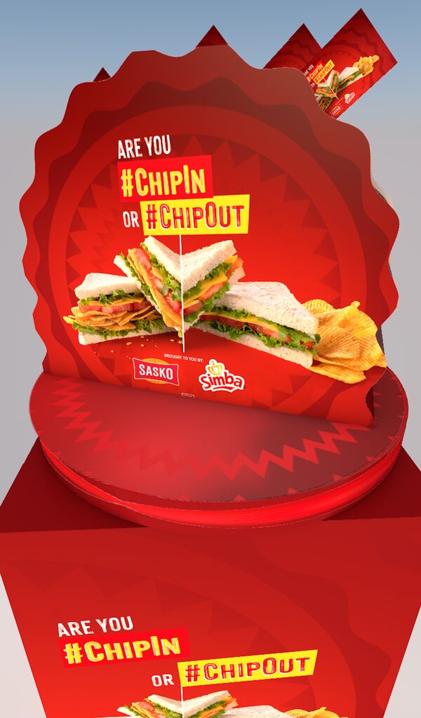 Sasko and Simba #ChipIn or #ChipOut sampling stand render with a sandwich key visual on a red scalloped header