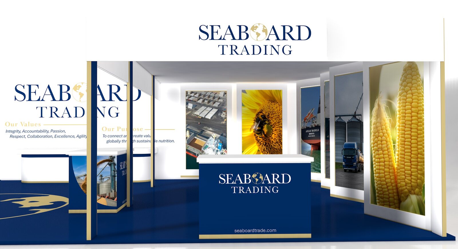 Seaboard Trading exhibition stand visual with a curved header, backlit commodity panels and a branded counter