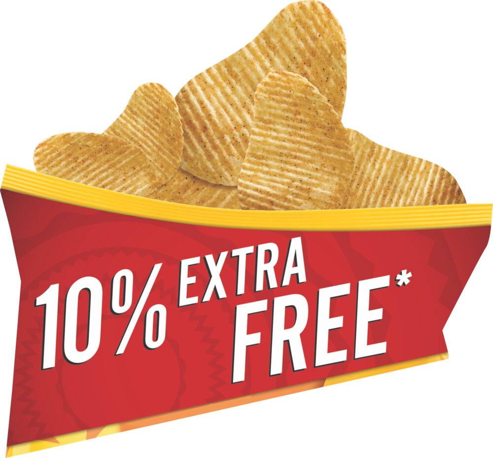 Simba aisle communicator artwork shaped as an open chip packet announcing ten percent extra free