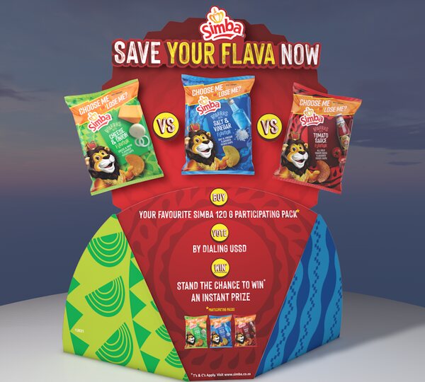 Simba Save Your Flava retail game stand render with three competing flavour packs above a USSD voting mechanic