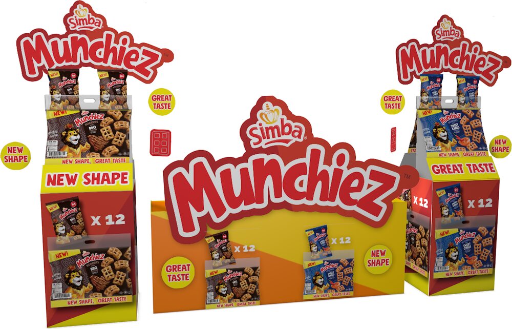 Three Simba Munchiez retail display units rendered side by side, showing full-size stand, counter unit and side stack