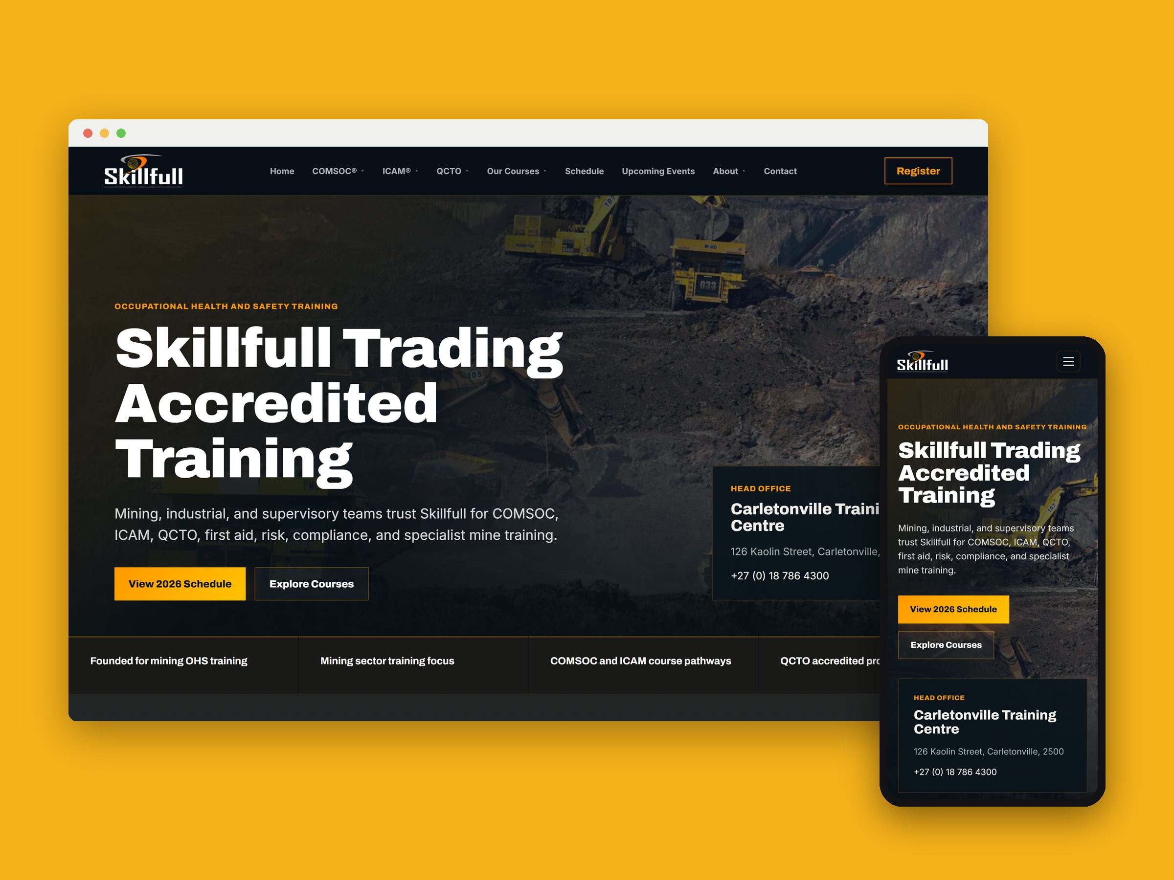 Skillfull Trading website on a desktop browser and a phone: mining photography, course navigation and the 2026 schedule button